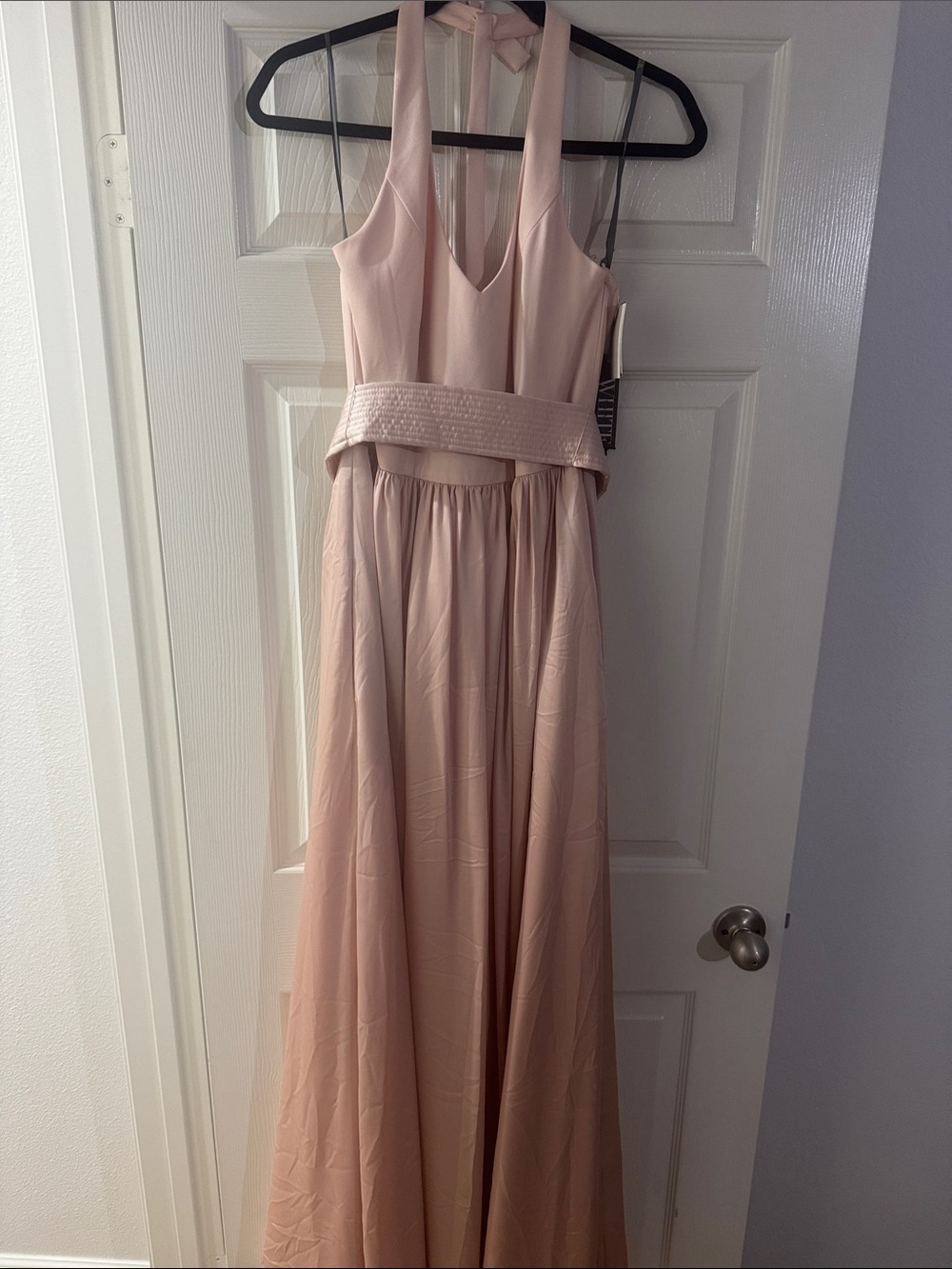 Vera Wang Elegant Blush Pink V-Neck Maxi Dress with Thigh Slit - Picture 2 of 3